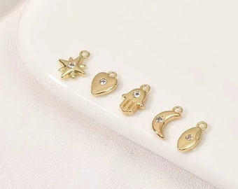 Mini Gold Charms Mix, Tiny Moon Star Heart and Hand Charms for Bracelet and Necklace Making 8pcs