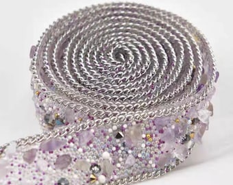 Crushed Gem Rhinestone Hotfix Trim, Gold Rim Stone Lace Ribbon for DIY Apparel Shoe Bag Craft Supplies 1 meter