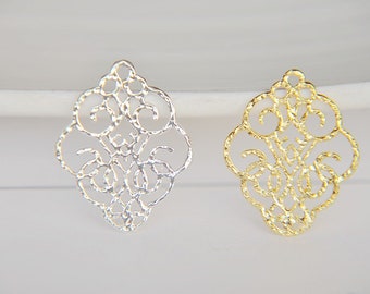 Filigree diamond Connectors, Openwork Lace Metal Shield Charms for Vintage Earring Making 6pcs