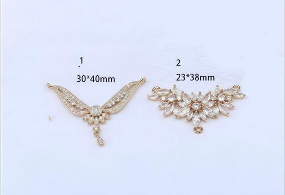 Cubic Zirconia Wing and Vine Pendant , Gold Plated CZ Necklace Connector for Bridal, Statement Jewelry (3pcs)