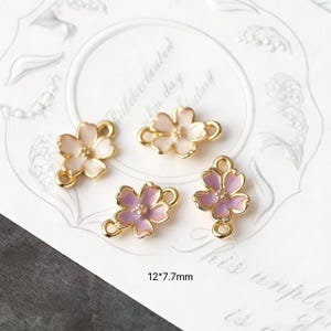 Cherry Blossom Enamel Charm, Gold Plated Double Loop Sakura Flower Connector for DIY Jewelry Making 6pcs