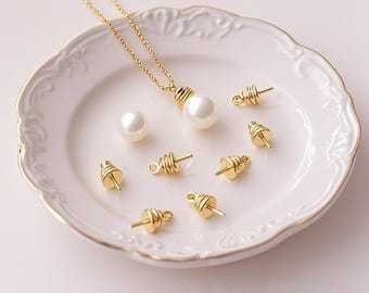 Gold Pearl Peg Bails ,  Half Drilled Bead Cap Connector for Pendant Necklace Making 26pcs