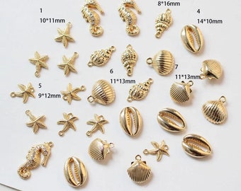 Mini Seashell Charms Set, Tiny Gold Tone Shell and Starfish Pendants for Beach Jewelry Making 4pcs