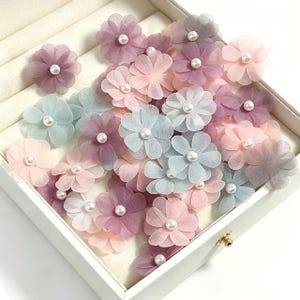 Pastel Tulle Flower Appliques with Pearl Center, Sheer Organza Floral Patches for Hair Clip Wedding DIY Craft Supplies 30pcs