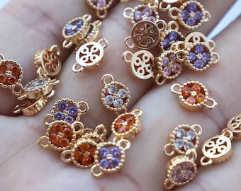 Cubic Zirconia Flower Charm - filigree connectors - Copper plated micro-inlaid zircon hanging flower connector 6pcs xsg76