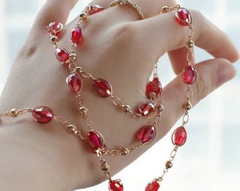 Red Gemstone Rosary Chain, Gold Wire Wrapped Ruby Color Bead Chain for Layered Necklace Making (1 Meter)