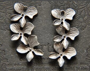Orchid Flower Branch Charms, Long Floral Dangle Pendants for Earring Making, Cottagecore Botanical Jewelry Supplies (4pcs)