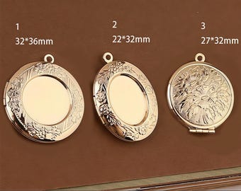 Round Photo Locket Pendant, Vintage Gold Plated Brass Locket Charm for Necklace Keepsake Jewelry 5pcs