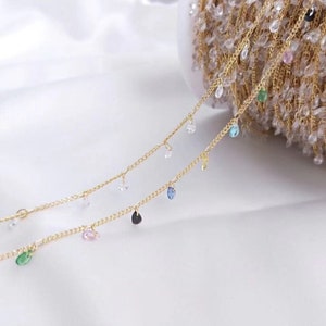Rainbow Crystal Dangle Chain by the Foot, Multi-Color Teardrop Chain, Dainty Gold Layering Chain, Summer Boho Choker Anklet Jewelry Supply