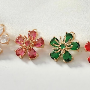 Cubic Zirconia Flower Charms, Sparkly Botanical Gold Pendants for Delicate Birthstone Earring Making 4pcs image 1