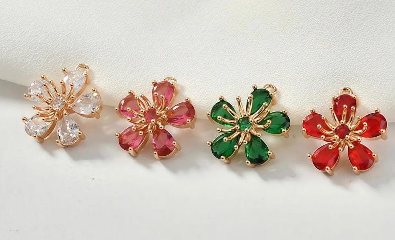 Cubic Zirconia Flower Charms, Sparkly Botanical Gold Pendants for Delicate Birthstone Earring Making 4pcs image 1
