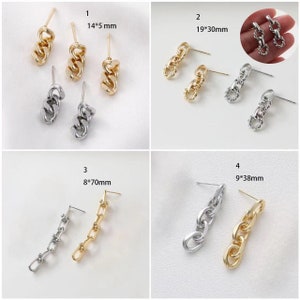 May include: Four pairs of gold and silver chain earrings. The earrings are in different sizes and styles. The earrings are shown on a white background. 1 14*5 mm, 2 19*30mm, 3 8*70mm, 4 9*38mm