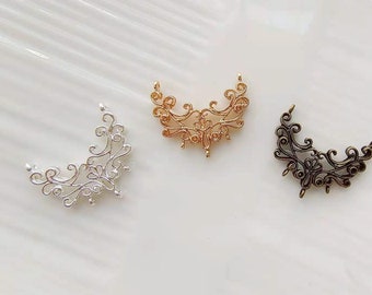 Crescent Filigree Jewelry Charms - Gold/Silver/Bronze Floral Moon Findings for DIY Bridal Hair Pins & Boho Accessory Crafts （6pcs)