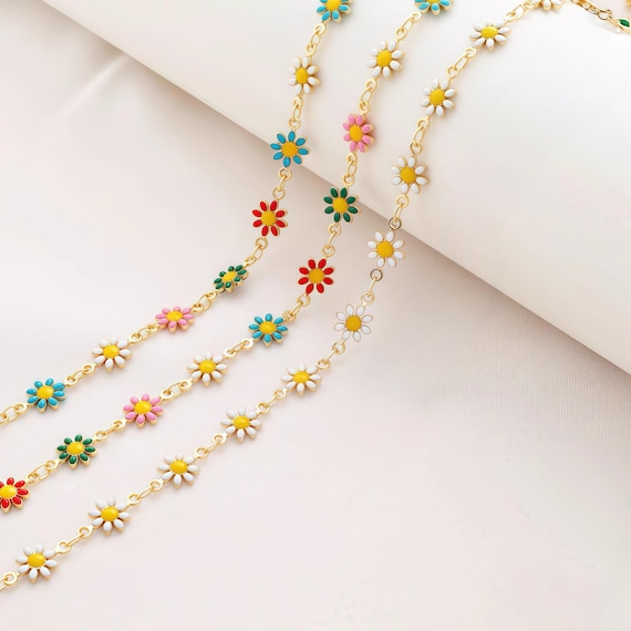 Colorful Flower Link Chain , Pastel Daisy Enamel Chain for DIY
