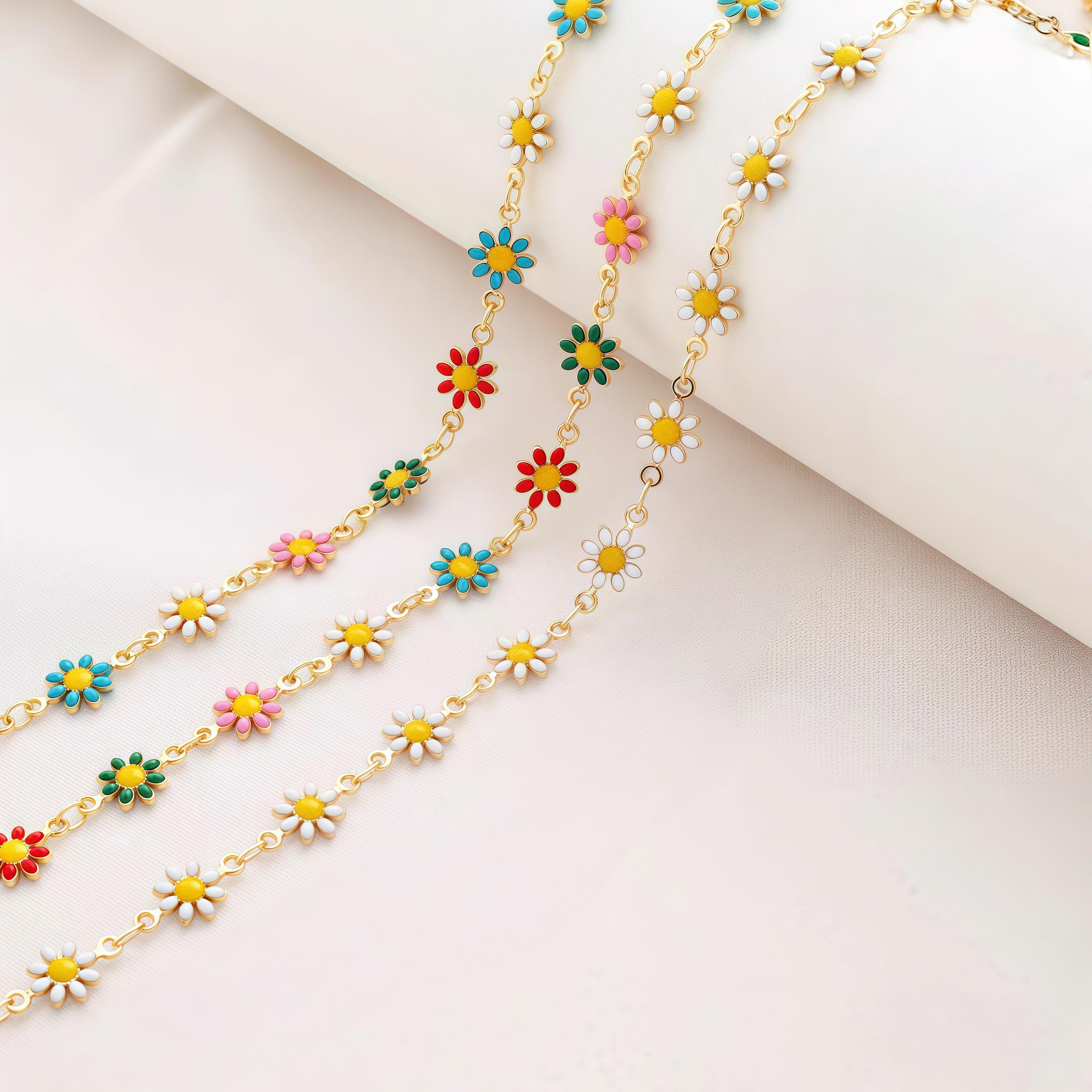 Colorful Flower Link Chain , Pastel Daisy Enamel Chain for DIY