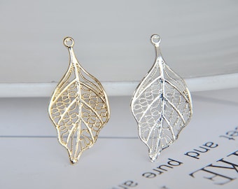 Filigree Leaf Charm, Hollow Metal Skeleton Leaves Pendant for Botanical Earring and Necklace Making 6pcs