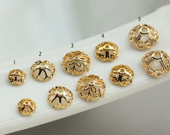 Gold Filigree Flower Bead Caps with Hole | Brass Metal Bead end Caps for Jewelry Making Supplies 10pcs