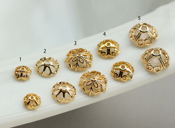 Gold Filigree Flower Bead Caps With Hole Brass Metal Bead End Caps