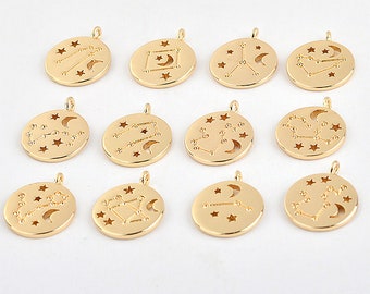 Gold Zodiac Coin Charms, Astrological Constellation Pendants for Personalized Celestial Necklace Making 1pc