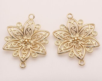 Gold Flower Filigree Connector - Raw Brass Charm for Jewelry Making (6 pcs)