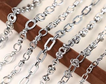 Silver Tone Textured Link Chain, Vintage Oval Metal Chain, Necklace Bracelet Jewelry Making Supply (50cm)