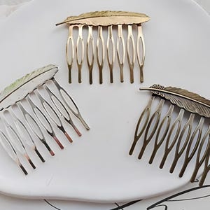 Feather Hair Comb: Raw Brass Filigree, Silver Plated (5pcs)