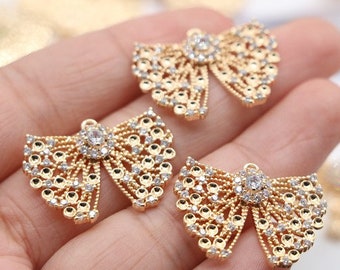 zircon bowknot pendant- filigree findings - filigree connectors - Copper plated micro-inlaid zircon bowknot connector 3pcs xsg67