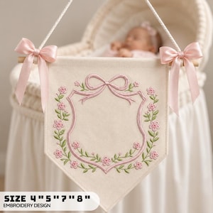 Coquette Floral Crest Embroidery Design, Pink Ribbon Wreath Pattern for Wedding Monogram, Pastel Flower Frame Border Digital Machine File