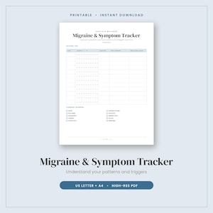 Peut inclure: Un document imprimable de suivi des migraines et des symptômes avec un en-tête, un tableau de journal des épisodes incluant date, sévérité, durée, déclencheurs et médicaments, ainsi qu'une liste de contrôle pour les déclencheurs courants.