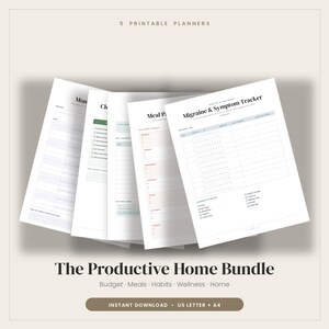 Peut inclure: Un ensemble de cinq pages de planificateur imprimables intitulé The Productive Home Bundle, comprenant un suivi des migraines et symptômes, un planificateur de repas et d'autres feuilles organisationnelles avec du texte noir sur papier blanc.