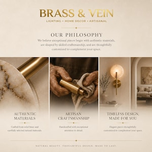 May include: A promotional graphic for Brass & Vein featuring three panels: a close-up of a brass and stone fixture, hands polishing a brass component with a cloth, and a wall-mounted circular light fixture in a room with an arched doorway.