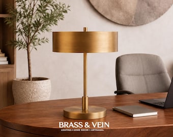 BEST SELLER | Axis Brass Table Lamp • Minimalist Desk Light with Metal Drum Shade
