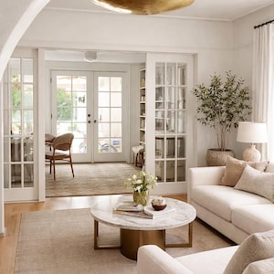 May include: A living room featuring a round white marble coffee table with a gold base, a cream-colored sofa with textured throw pillows, a large brass pendant light, a potted olive tree, and white French doors leading to an adjacent room.