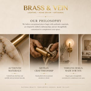 Puede incluir: Un gr&aacute;fico promocional de Brass & Vein con tres paneles: un primer plano de una l&aacute;mpara de lat&oacute;n y piedra, manos puliendo un componente de lat&oacute;n con un pa&ntilde;o y una l&aacute;mpara de pared circular en una habitaci&oacute;n con una puerta arqueada.