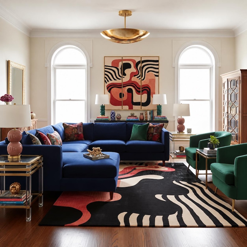 May include: A living room featuring a large navy blue sectional sofa, two green velvet armchairs, and a black, cream, and red abstract area rug. The space includes a brass pendant light, glass side tables, and a triptych wall art piece.