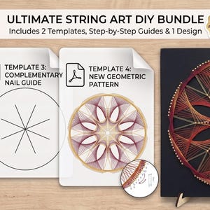 Peut inclure: Ultimate String Art DIY Bundle comprenant deux modèles numériques, des guides étape par étape et un design. Inclut le Template 3: Complementary Nail Guide et le Template 4: New Geometric Pattern, avec une œuvre en fil tendu sur fond noir.
