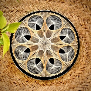 Op de afbeelding: Een cirkelvormig draadkunstwerk met een zwarte achtergrond en een complex geometrisch patroon van witte en beige draden. Het ontwerp bestaat uit acht symmetrische, bloembladachtige vormen die vanuit het midden uitstralen, vastgezet met spijkers.