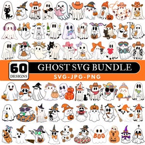 May include: A digital collection of 60 ghost illustrations featuring various themes including Halloween, seasonal activities, and accessories. The graphic includes the text 60 GHOST SVG BUNDLE SVG-JPG-PNG. Each ghost character is depicted in a cartoon style.