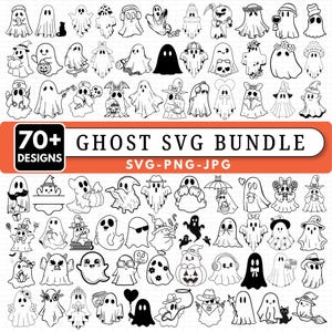 May include: A digital collection of over 70 black and white ghost illustrations featuring various themes, accessories, and activities. The graphic includes the text 70+ GHOST SVG BUNDLE SVG-PNG-JPG, showcasing diverse ghost characters in line art style.