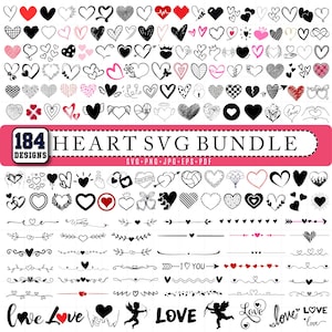 May include: A digital collection of 184 heart-themed SVG designs featuring various black, white, and red graphic illustrations, including heart shapes, decorative dividers, arrows, and text elements like Love, arranged in a grid format.