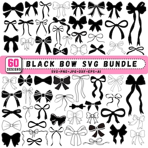 Könnte beinhalten: Eine Sammlung von 60 schwarz-weißen Schleifenillustrationen in verschiedenen Formen und Größen. Das Bild zeigt ein zentrales rosa Banner mit dem Text 60 BLACK BOW SVG BUNDLE und SVG+PNG+JPG+DXF+EPS+AI, das verschiedene Schleifendesigns präsentiert.