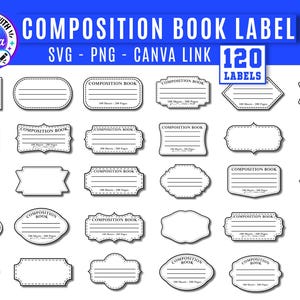 Puede incluir: Una colección de 120 etiquetas para cuadernos en blanco y negro de diversas formas y tamaños, con líneas para escribir y el texto COMPOSITION BOOK, 100 Sheets, 200 Pages. El conjunto digital incluye archivos SVG, PNG y un enlace a Canva.