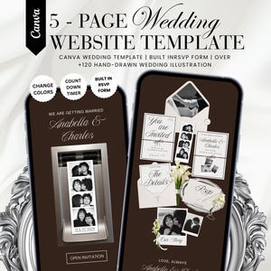 Brown Photo Booth Wedding Website Template, Canva Digital Invitation with Envelope, RSVP and Countdown Timer