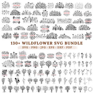 Pode incluir: Uma coleção digital de mais de 130 ilustrações de linhas em preto e branco com vários arranjos de flores silvestres, buquês e bordas florais. Alguns designs incluem um espaço com o texto YOUR TEXT.