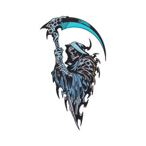 May include: An embroidered patch featuring a hooded figure in a tattered robe holding a large scythe. The design uses black, white, and bright cyan blue thread to create a detailed illustration of a grim reaper with a skull face and sharp blade.