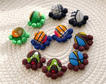 Ankara Pom Pom Button Earrings