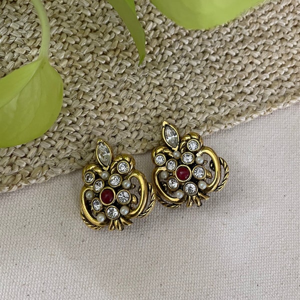 Vintage Faux Ruby, Diamond, and Pearl Earrings (Clip-On)