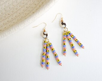 Bone Bead and Striped Lampwork Fringe Earrings