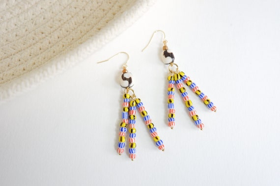 Bone Bead and Striped Lampwork Fringe Earrings