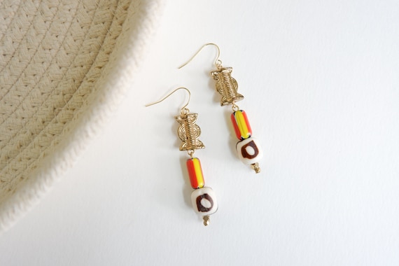 Brass Baule, Bone, and Lampwork Glass Bead Earrings